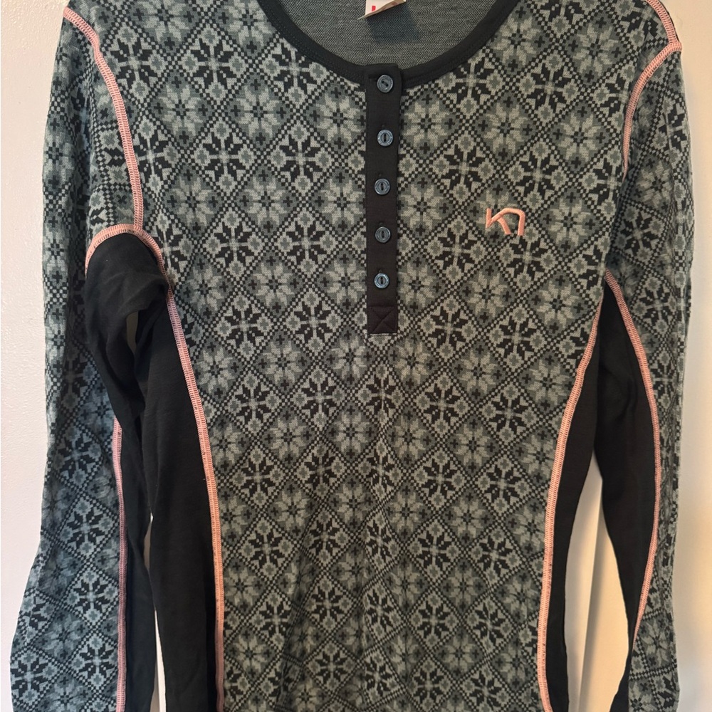 Kari Traa Rose Green Wool Long Sleeve Baselayer Top XL EUC